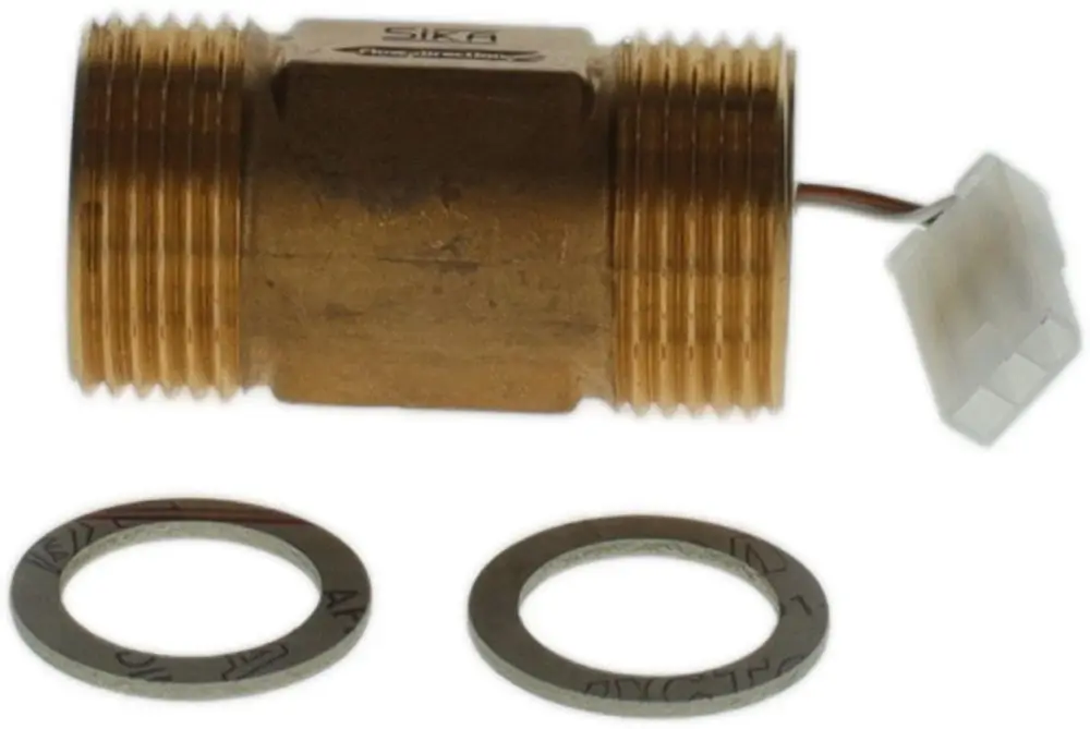 Brauner Metallzylinder mit Außengewinde und Kabelanschluss, begleitet von zwei Dichtscheiben. Die Marke Bosch ist sichtbar.